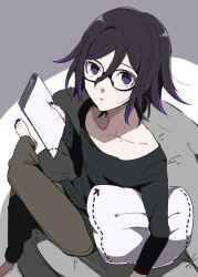 1boy alternate_costume barefoot black-framed_eyewear black_hair black_shirt brown_pants collarbone commentary_request crossed_legs cushion danganronpa_(series) danganronpa_v3:_killing_harmony flipped_hair from_above glasses hair_between_eyes hickey long_sleeves looking_at_viewer male_focus medetai medium_hair muted_color nail_polish oma_kokichi pale_skin pants parted_lips purple_eyes purple_hair purple_nails shirt short_hair simple_background sitting solo toenail_polish toenails