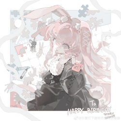 Rule 34 | absurdres, animal ear fluff, animal ears, animal on arm, artist name, black dress, blue eyes, border, brown eyes, carrot, chinese commentary, collared dress, commentary request, commission, crayon, cross-laced clothes, cross-laced sleeves, dated, dog, dress, eteru, floppy ears, floral print, frilled dress, frills, gloves, hair ornament, hairclip, hand up, happy birthday, heart, heart hair ornament, heterochromia, highres, jigsaw puzzle, long hair, long sleeves, looking at viewer, neck ribbon, open mouth, original, pink gloves, pink hair, puffy long sleeves, puffy sleeves, puzzle, rabbit, rabbit ears, rabbit tail, ribbon, shirt, shirt under dress, short dress, sleeves past wrists, smile, stitched ear, tail, tareme, very long hair, watermark, weibo watermark, white border, white ribbon, white shirt
