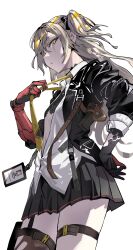 1girl absurdres black_bow black_jacket black_skirt bow brown_hair clothes_grab collared_shirt commentary_request fujita_(condor) girls&#039;_frontline girls&#039;_frontline_2:_exilium glock gun hair_bow handgun highres holster holstered id_card jacket leva_(girls&#039;_frontline_2) long_hair looking_at_viewer mechanical_arms necktie necktie_grab neckwear_grab one_side_up open_clothes open_jacket open_mouth partially_unbuttoned pleated_skirt prosthesis prosthetic_arm scar scar_across_eye scar_on_face shirt shoulder_holster simple_background single_mechanical_arm single_thighhigh skirt solo thighhighs torn_clothes torn_thighhighs ump45_(girls&#039;_frontline) weapon white_background white_shirt yellow_necktie