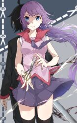 1boy 1girl ahoge araragi_koyomi back-to-back bakemonogatari black_hair black_thighhighs blue_eyes blurry blurry_background breasts closed_mouth cowboy_shot eyelashes floating_hair gonza_(gonzares910) holding holding_scissors long_hair looking_at_viewer medium_breasts miniskirt monogatari_(series) naoetsu_high_school_uniform necktie pink_shirt pleated_skirt purple_necktie purple_skirt school_uniform scissors senjougahara_hitagi shirt skirt sleeves_rolled_up thighhighs thighs very_long_hair zettai_ryouiki