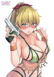 Rule 34 | 1girl, aroused, artist name, barcode, bikini, blonde hair, blush, breasts, bullet, chain, cleavage, copyright logo, covered erect nipples, criss-cross strings, earrings, gold chain, green eyes, green nails, gun, hair ribbon, handgun, heart, heart-shaped pupils, highres, holding, holding gun, holding weapon, honey trap shared house, jewelry, kouzuki kouichi, large breasts, maria rockwell, medium hair, micro bikini, nail polish, o-ring, official art, parted lips, ponytail, raised inner eyebrows, ribbon, simple background, single earring, solo, strap gap, strap pull, string bikini, swimsuit, symbol-shaped pupils, thick eyebrows, third-party source, variant set, w arms, weapon, white background, wristband