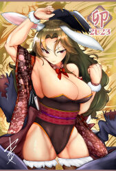 1girl abs absurdres animal_ears biceps blonde_hair breasts daidouji_(senran_kagura) highres large_breasts leotard long_hair muscular muscular_female navel obliques playboy_bunny rabbit rabbit_ears rabbit_girl rabbit_tail red_eyes senran_kagura tail thick_thighs thighs toned yatoifumi