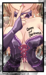 1girl babydoll bare_shoulders black_babydoll black_bridal_gauntlets blonde_hair border breast_tattoo breasts bridal_gauntlets choker cleavage commentary_request copyright_name detached_sleeves eyes_out_of_frame fingernails grey_border hato_aria head_out_of_frame large_breasts lips navel pink_nails queen_of_darkness risty_(queen_of_darkness) solo tattoo typo upper_body