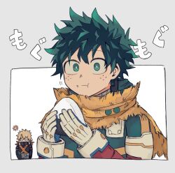 2boys :t anger_vein angry arms_up bakugou_katsuki blank_eyes blonde_hair boku_no_hero_academia cape chewing closed_mouth commentary cropped_torso eating food food_on_face freckles gloves green_eyes green_hair grey_background hair_between_eyes holding holding_food ice_0377 long_sleeves male_focus midoriya_izuku multiple_boys onigiri solo_focus superhero_costume symbol-only_commentary torn_cape torn_clothes translation_request yellow_cape