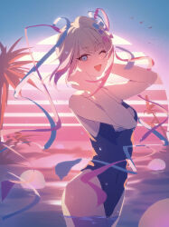 Rule 34 | 1girl, ;d, absurdres, alternate costume, blonde hair, blue bow, blue eyes, blue hair, blue one-piece swimsuit, bow, chouzetsusaikawa tenshi-chan, commentary, drill hair, hair bow, highres, junpaku karen, long hair, multicolored bow, multicolored hair, multiple hair bows, needy girl overdose, old school swimsuit, one-piece swimsuit, one eye closed, open mouth, pink bow, pink hair, purple bow, school swimsuit, smile, solo, swimsuit, twin drills, very long hair, water, wet