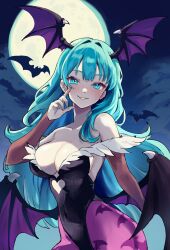 1girl adjusting_hair animal_print aqua_eyes aqua_hair backless_outfit bare_shoulders bat_(animal) bat_print bat_wings black_leotard blush breasts bridal_gauntlets capcom cleavage clothing_cutout collarbone covered_navel cowboy_shot demon_girl elbow_gloves fur-trimmed_leotard fur_trim gloves green_eyes green_hair grin hair_over_shoulder head_wings heart_cutout highres large_breasts leotard long_hair looking_at_viewer low_wings moon morrigan_aensland night night_sky outdoors pantyhose print_pantyhose purple_pantyhose purple_wings sky smile solo strapless strapless_leotard darkstalkers wide_hips wings y_uunaa