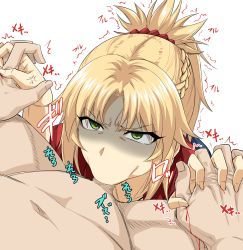 1boy 1girl absurdres anger_vein araki_jeccy blonde_hair blood braid clothed_female_nude_male commentary fate/apocrypha fate_(series) fellatio frown green_eyes holding_hands hetero highres mordred_(fate) mordred_(fate/apocrypha) navel nude oral penis ponytail simple_background spread_legs trembling white_background