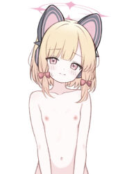 1girl animal_ear_headphones animal_ears blonde_hair blue_archive cat_ear_headphones cat_ears closed_mouth code_3dr fake_animal_ears flat_chest halo headphones loli looking_at_viewer low-tied_sidelocks momoi_(blue_archive) navel nipples nude pink_eyes pink_halo short_hair sidelocks simple_background solo upper_body white_background