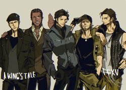 5boys a_king&#039;s_tale:_final_fantasy_xv aged_down baseball_cap beard beret black_hair cid_sophiar clarus_amicitia cor_leonis dark-skinned_male dark_skin facial_hair final_fantasy final_fantasy_xv hat mad369 male_focus monocle multiple_boys regis_lucis_caelum vest waistcoat weskham_armaugh
