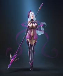 1girl absurdres alternate_costume black_boots boots braid breasts corruption covered_navel dark_persona elbow_gloves full_body genshin_impact gloves hair_over_one_eye hand_on_own_chest heart heart_tattoo highres holding holding_polearm holding_weapon huge_breasts jewelry long_hair looking_at_viewer navel polearm pubic_tattoo purple_eyes revealing_clothes ring see-through_clothes shenhe_(genshin_impact) single_braid sky_wbo solo tattoo thigh_boots very_long_hair weapon wedding_ring white_hair