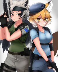 Rule 34 | 2girls, absurdres, alternate hair length, alternate hairstyle, animal ear fluff, animal ears, bare arms, bear ears, belt pouch, black hair, blonde hair, brown eyes, chest harness, closed mouth, collarbone, commentary, cosplay, earrings, english commentary, extra ears, eyelashes, ezo brown bear (kemono friends), ezo red fox (kemono friends), finger on trigger, fingerless gloves, fox ears, fox girl, fox tail, gloves, grey hair, gun, handgun, hands up, harness, hat, headband, headset, highres, holding, holding gun, holding weapon, jewelry, jill valentine (cosplay), kemono friends, long hair, looking at viewer, medium hair, multicolored hair, multiple girls, nanoder, pants, pouch, resident evil, serious, shirt, short sleeves, simple background, tail, translated, trigger discipline, twintails, two-tone hair, v arms, vest, weapon, white background, white hair, yellow eyes