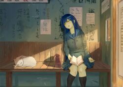 1girl 1other absurdres animal bag black_serafuku black_shirt black_skirt blue_hair blue_ribbon blue_sailor_collar book brown_bag cat cevio closed_eyes crack crack_of_light cracked_wall feet_out_of_frame futaba_minato hair_ornament hairclip head_tilt highres holding holding_book indoors light_particles long_hair long_sleeves lying official_alternate_costume open_mouth petrasche_(kunio_miracle) pleated_skirt ribbon sailor_collar sailor_shirt school_bag school_uniform serafuku shade shirt single_hair_intake sitting skirt solo swept_bangs triangle_mouth white_cat writing_on_wall