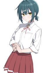 1girl aoyagi_(888) blue_hair blush collared_shirt cowboy_shot dutch_angle hair_between_eyes hair_intakes hair_ornament hairpin highres kawai_ritsu_(rits_meg) long_sleeves looking_at_viewer miniskirt neck_ribbon original own_hands_clasped own_hands_together pleated_skirt red_ribbon red_skirt ribbon school_uniform shirt short_hair sidelocks simple_background skirt sleeves_rolled_up white_background x_hair_ornament yellow_eyes