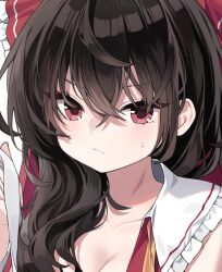 1girl :/ ascot black_hair bow breasts cleavage close-up closed_mouth collarbone collared_shirt commentary hair_between_eyes hair_bow hair_over_shoulder hakurei_reimu hand_up highres long_hair looking_at_viewer open_clothes open_shirt pudding_(skymint_028) red_bow red_eyes red_shirt sarashi shirt simple_background sleeveless sleeveless_shirt solo sweatdrop symbol-only_commentary touhou tsurime undone_ascot undone_sarashi upper_body v-shaped_eyebrows white_background yellow_ascot