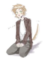 1boy animal_ears ashsadila brown_hair brown_jacket chinese_commentary commentary_request dated dog_boy dog_ears dog_tail green_eyes grey_pants ibispaint_(medium) jacket kemonomimi_mode male_focus open_clothes open_jacket open_mouth pants saibou_shinkyoku seiza shinano_eiji shirt short_hair sitting smile solo tail tail_wagging white_shirt