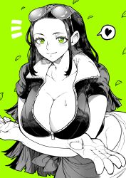1girl absurdres arms_under_breasts breasts collarbone cropped_jacket eyewear_on_head green_background green_eyes greyscale_with_colored_background heart highres jacket large_breasts long_hair looking_at_viewer midriff nico_robin nico_robin_(return_to_sabaody) one_piece short-sleeved_jacket short_sleeves simple_background smile solo spoken_heart sweat yotsumi_shiro zipper zipper_pull_tab