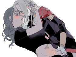 2girls after_kiss b_(wldms6650) bad_link blush edelgard_von_hresvelg female_byleth_(fire_emblem) fingering fire_emblem fire_emblem:_three_houses hug kiss long_hair midriff multiple_girls nintendo purple_eyes simple_background white_background yuri