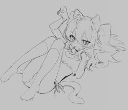 Rule 34 | 1girl, animal ear fluff, animal ears, bell, blush, bra, cat cutout, cat ears, cat lingerie, cat tail, cleavage cutout, clothing cutout, fang, frilled bra, frills, full body, grey background, greyscale, hair between eyes, jingle bell, kneehighs, knees up, kurobeko (kur0bek0), long hair, looking at viewer, lying, monochrome, neck bell, no shoes, on back, open mouth, original, panties, paw pose, side-tie panties, simple background, sketch, socks, solo, sweat, tail, underwear, underwear only