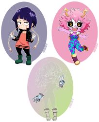 Rule 34 | 3girls, :d, absurdres, ahoge, antennae, ashido mina, audio jack, black jacket, black pants, black sclera, blunt bangs, bodysuit, boku no hero academia, boots, breasts, chibi, cleavage, clenched hands, closed mouth, colored sclera, colored skin, commentary, deviantart username, english commentary, eye mask, eyelashes, fingerless gloves, full body, gloves, green boots, hagakure toru, highres, invisible, jacket, jiro kyoka, long hair, multiple girls, nico-neko, open clothes, open jacket, open mouth, outline, pants, pink hair, pink shirt, pink skin, purple hair, shirt, short hair, sidelocks, sleeveless, sleeveless jacket, smile, teardrop facial mark, teeth, twitter username, upper teeth only, v, watermark, web address, white gloves, white mask, white outline, yellow eyes