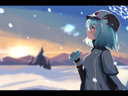 1girl animal_ears backlighting blue_archive blurry blurry_background blush bottle capelet commentary doku-doku from_side fur-trimmed_capelet fur_trim gloves green_hair grey_jacket hair_between_eyes halo hand_up highres holding holding_bottle jacket looking_ahead medium_hair open_mouth outdoors profile purple_eyes sanpaku scenery shigure_(blue_archive) snow snowing solo sunrise twitter_username upper_body weasel_ears weasel_girl white_capelet white_gloves white_halo winter_clothes