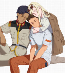 Rule 34 | 1girl, 2boys, blonde hair, brown coat, brown pants, buttons, closed eyes, closed mouth, coat, dark-skinned male, dark skin, enelous, epaulettes, eyewear on head, gigi andalusia, glasses, gundam, gundam hathaway&#039;s flash, hathaway noa, highres, hug, kenneth sleg, long sleeves, military uniform, multiple boys, orange pants, pants, shirt, sunglasses, white background, white shirt
