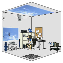 1girl akg apple bad_id bad_pixiv_id barefoot bird chair cloud computer computer_keyboard eating female_focus fire_hydrant food fruit headphones laptop oil-paper_umbrella original printer projector raglan_sleeves ruri_(uewtsol) sky solo television translated uewtsol umbrella