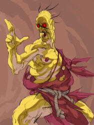 1boy arm_behind_back balding black_hair colored_skin dougi game_cg hand_up highres long_hair long_nose male_focus muscular nishimura_kinu non-web_source official_art open_mouth oro_(street_fighter) red_eyes rope_belt short_hair solo street_fighter street_fighter_iii_(series) yellow_skin