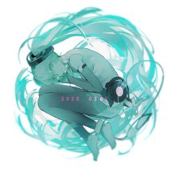 1girl 2025 aqua_eyes aqua_hair barefoot feet hatsune_miku hatsune_miku_(append) long_hair solo twintails vocaloid vocaloid_append white_background yyb