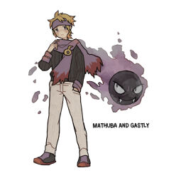 Rule 34 | 1boy, absurdres, black sweater, blonde hair, character name, closed mouth, commentary request, gastly, gen 1 pokemon, hand in pocket, hand up, headband, highres, ichi kawa ichi, long sleeves, male focus, morty (pokemon), nintendo, pants, pokemon, pokemon (creature), pokemon hgss, purple headband, purple scarf, ribbed sweater, scarf, shoes, short hair, standing, sweater, white background