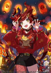 2girls ahoge backpack bag belt black_belt black_choker black_halo black_hoodie black_ribbon black_skirt blue_hoodie bow brown_hair choker closed_eyes copyright_notice dragon_girl dragon_horns dragon_musume_ni_naritakunai! duel_masters earrings fang fishnet_pantyhose fishnets from_below hair_ornament hair_ribbon hairpin halo highres holding holding_mask hood hooded_jacket hoodie horns jacket jewelry kumada_suzu long_hair long_sleeves looking_at_viewer maguma_mega mascot mask mask_on_head multiple_girls night official_art open_mouth pantyhose print_hoodie randoseru red_bow red_hair red_hoodie ribbon saitou_naoki sidelocks single_leg_pantyhose skirt sleeves_past_fingers sleeves_past_wrists smile standing summer_festival very_long_hair white_hair yellow_eyes