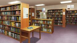 Rule 34 | book, bookshelf, carpet, ceiling, ceiling light, highres, indoors, library, non-web source, official art, our life: beginnings and always, poster (object), refrigerator, scenery, shadow, table, tile ceiling, tiles, too many, too many books, variant set, wooden table