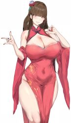 1girl absurdres breasts brown_hair character_request china_dress chinese_clothes cleavage_cutout clothing_cutout covered_navel dress flower hair_flower hair_ornament highres large_breasts mousekkk no_panties red_nails sharp_nails solo thick_thighs thighs white_background xiuxian:_mu_zhu_chuan yellow_eyes