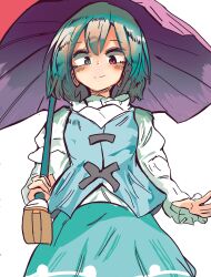 1girl absurdres blue_eyes blue_hair blue_vest blush closed_mouth cross-laced_clothes heterochromia highres karakasa_obake long_sleeves looking_at_viewer purple_umbrella red_eyes short_hair simple_background smile solo tatara_kogasa th_kajiya touhou umbrella upper_body vest white_background