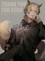 1boy absurdres animal_ears arknights artist_name asymmetrical_bangs black_collar black_pants blonde_hair blue_shirt brown_eyes brown_jacket buttons closed_mouth collar collared_shirt commission commissioner_name cowboy_shot crossed_legs english_text fingernails gauntlets go_e_0000 grey_background grey_necktie hair_over_one_eye hand_on_own_face hand_up highres horse_boy horse_ears horse_tail jacket leather leather_jacket lips long_sleeves looking_at_viewer looking_down male_focus mature_male medium_hair mlynar_(arknights) mullet necktie nose pants parted_bangs parted_lips shirt simple_background single_gauntlet sitting skeb_commission solo tail teeth text_background thank_you