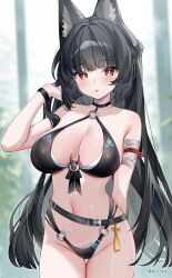 1girl absurdres animal_ear_fluff animal_ears arm_behind_back artist_name bandaged_arm bandages bare_shoulders belt bikini black_belt black_bikini black_hair blunt_bangs blurry blurry_background blush breasts cleavage collarbone commentary_request duchi0356 fox_ears fox_girl groin halterneck hand_in_own_hair hand_up highres hoshimi_miyabi large_breasts light_particles long_hair looking_at_viewer navel o-ring o-ring_bikini open_mouth orange_eyes plant solo standing stomach swimsuit tailless_(zenless_zone_zero) tassel thighs very_long_hair window wristband zenless_zone_zero