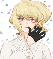 1boy androgynous black_gloves blonde_hair closed_mouth collared_shirt commentary_request earrings eyelashes frilled_sleeves frills gloves half_gloves high_collar jewelry lio_fotia long_sleeves looking_to_the_side male_focus piercing pink_eyes promare shirt sideways_glance solo white_shirt wiping_face yukikotonoha