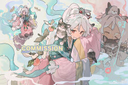 1girl absurdres animal animal_on_shoulder banbi bird cat chinese_clothes commission copyright_request duijin_ruqun floating food frilled_skirt frills fruit grey_cat hagoromo hanfu highres long_hair long_sleeves multiple_views overskirt peach ponytail qi_shima shawl skirt weichang white_hair wide_sleeves