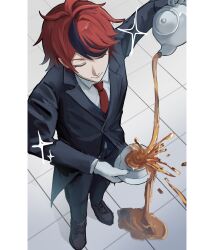 Rule 34 | 1boy, black jacket, black streaks, butler, cup, failure, formal clothes, from above, gloves, highres, holding, holding plate, jacket, male focus, multicolored hair, necktie, pillarboxed, plate, pouring, red hair, red necktie, shirt, short hair, siokonbu100, solo, spilling, streaked hair, suit, sumino takumi, tea, teacup, teapot, the hundred line -last defense academy-, tile floor, tiles, white shirt