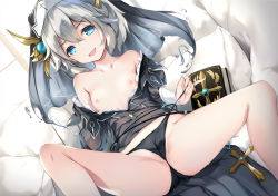 1girl :d bare_legs bare_shoulders black_dress black_panties blue_eyes breasts clothes_lift date_a_live dress dress_lift habit hair_between_eyes honjou_nia knees_up looking_at_viewer lying naughty_face nipples no_bra nun off_shoulder on_back on_bed open_mouth panties pulling_own_clothes pussy_juice see-through_clothes see-through_dress short_hair side-tie_panties silver_hair small_breasts smile solo spread_legs string_pull touxing_no_diluka underwear wet wet_clothes wet_panties
