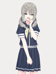 1girl black_sailor_collar black_shirt black_skirt blush cowboy_shot green_eyes grey_background grey_hair highres kisaragi_hina looking_at_viewer neckerchief open_mouth original sailor_collar school_uniform shirt short_sleeves signature simple_background skirt solo yellow_neckerchief