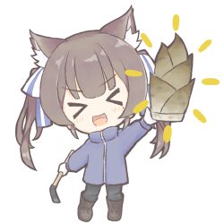 &gt;_&lt; 1girl animal_ears bamboo_shoot blush boots brown_hair cat_ears cat_girl chibi closed_eyes full_body gloves hair_ribbon highres holding indie_virtual_youtuber itigori_ena jacket long_hair long_sleeves mole mole_under_eye open_mouth pants ribbon smile solo twintails tyakomis virtual_youtuber