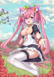 1girl absurdres ahoge animal_ears artist_name bell blue_sky blush breasts chinese_commentary cloud cloudy_sky commentary_request cross-laced_clothes day dress feet flower fox_ears fox_girl frilled_dress frilled_sleeves frilled_thighhighs frills ginyasama gradient_hair hair_ornament hairclip hand_on_ground highres indie_virtual_youtuber long_hair looking_at_viewer medium_breasts multicolored_hair nipples open_mouth outdoors outstretched_hand pink_hair red_flower red_rose rose see-through_clothes see-through_legwear short_sleeves signature sitting sky solo teeth teletha_(vtuber) thighhighs toes tongue tongue_out twintails upper_teeth_only very_long_hair white_thighhighs yokozuwari