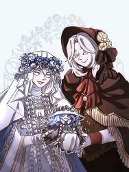 3girls bloodborne blue_eyes blue_hair blue_skin bonnet cloak closed_eyes colored_skin dress elden_ring elden_ring_nightreign extra_arms extra_faces fur_cloak hat highres joints large_hat long_hair mini_person miniature_ranni minigirl miqueliafantasia multiple_girls one_eye_closed plain_doll ranni_the_witch revenant_(elden_ring) smile veil white_dress white_veil witch witch_hat