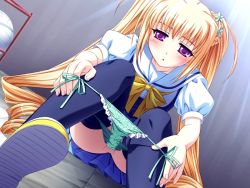 1girl ayatsuki_riri blonde_hair blush drill_hair ero_smash female_focus game_cg green_panties no_pussy panties panty_pull purple_eyes saeki_hokuto school_uniform side-tie_panties sitting solo spread_legs thighhighs twintails underwear upskirt