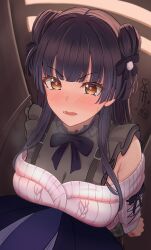 Rule 34 | 1boy, 1girl, ai ai gasa, andrewzeeka2001, black bow, black bowtie, black hair, blue jacket, blunt bangs, blush, bow, bowtie, breasts, breath, cleavage, commentary request, hetero, highres, idolmaster, idolmaster shiny colors, in locker, jacket, large breasts, looking at another, mayuzumi fuyuko, nose blush, pink sweater, producer (idolmaster), see-through cleavage, see-through clothes, shirt, standing restraints, sweater, white shirt