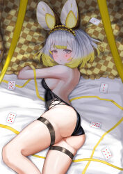 Rule 34 | 1girl, absurdres, alternate costume, animal ears, ass, backless leotard, black leotard, blonde hair, blush, breasts, card, checkered pillow, duel monster, frilled hairband, frills, gradient hair, hairband, highres, leotard, looking at viewer, lying, maliss &lt;p&gt; dormouse, medium breasts, mouse ears, mouse girl, multicolored hair, on bed, parted lips, pink eyes, ribbon, short hair, sideboob, solo, thigh strap, triangle del, white hair, yellow pillow, yellow ribbon, yu-gi-oh!