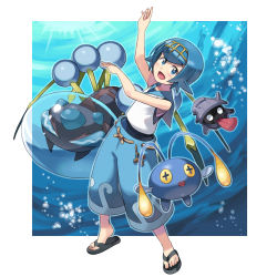 1girl araquanid baggy_pants blue_eyes blue_hair blue_pants blue_sailor_collar capri_pants chinchou creatures_(company) game_freak gen_1_pokemon gen_2_pokemon gen_7_pokemon hairband highres lana_(pokemon) nintendo open_mouth pants pokemon pokemon_(creature) pokemon_sm sailor_collar sandals shellder short_hair sleeveless swimsuit swimsuit_under_clothes trial_captain yuuta_(tokoton_hirune_hiyori)