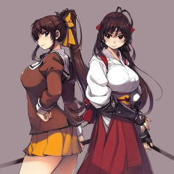 2girls antenna_hair armor back-to-back black_hair bokken breasts brown_eyes brown_hair commentary_request dougi fingerless_gloves gloves hair_ribbon hairband hakama hakama_skirt headband highres hip_vent japanese_armor japanese_clothes kiribayashi_azumi kote large_breasts long_hair looking_at_viewer mil_(xration) miniskirt mitsurugi_ryouko multiple_girls obi pleated_skirt polearm ponytail real_bout_high_school red_eyes ribbon sash school_uniform serafuku skirt smile standing sword weapon wooden_sword yellow_skirt