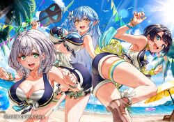 3girls :d ahoge ass beach bikini bikini_under_shorts black_hair blue_eyes blue_hair blue_shorts blue_sky boots braid breasts brown_hair buru-dai butt_sumo cleavage cloud commentary_request crossed_bangs day double-parted_bangs flower front-tie_bikini_top front-tie_top green_eyes grey_hair hair_between_eyes hair_flower hair_ornament half_up_braid heart heart_ahoge highleg highleg_bikini hololive hololive_summer_2023_swimsuit large_breasts layered_bikini long_hair multicolored_hair multiple_girls ocean official_alternate_costume official_art oozora_subaru open-toe_boots open_mouth outdoors pointy_ears shirogane_noel short_hair short_shorts shorts side_braid sky smile snowflake_hair_ornament streaked_hair striped_bikini striped_clothes swept_bangs swimsuit thigh_strap very_long_hair virtual_youtuber wavy_hair white_bikini yellow_eyes yukihana_lamy