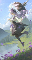 1girl absurdres ahoge black_skirt blue_sky chinese_commentary cloud commentary_request falling_petals flower full_body high_heels highres hill holding holding_umbrella jumping lake long_hair long_sleeves looking_down outdoors petals profile purple_flower purple_hair purple_shoes shengkai167 shirt shoes skirt sky smile solo umbrella vivian_banshee white_shirt zenless_zone_zero